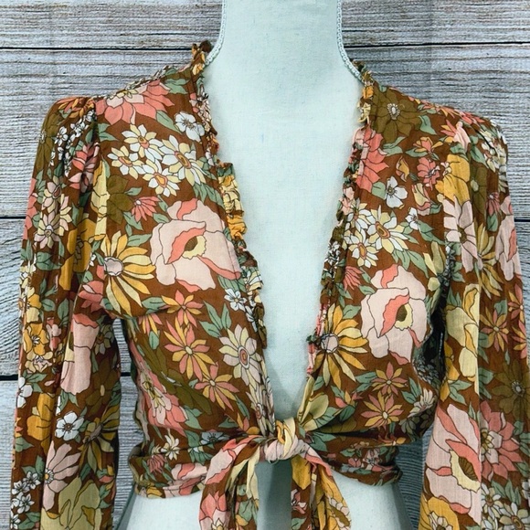 Billabong X The Salty Blonde Brown Floral Ruffled Tie-Front Blouse Size M - Picture 12 of 12